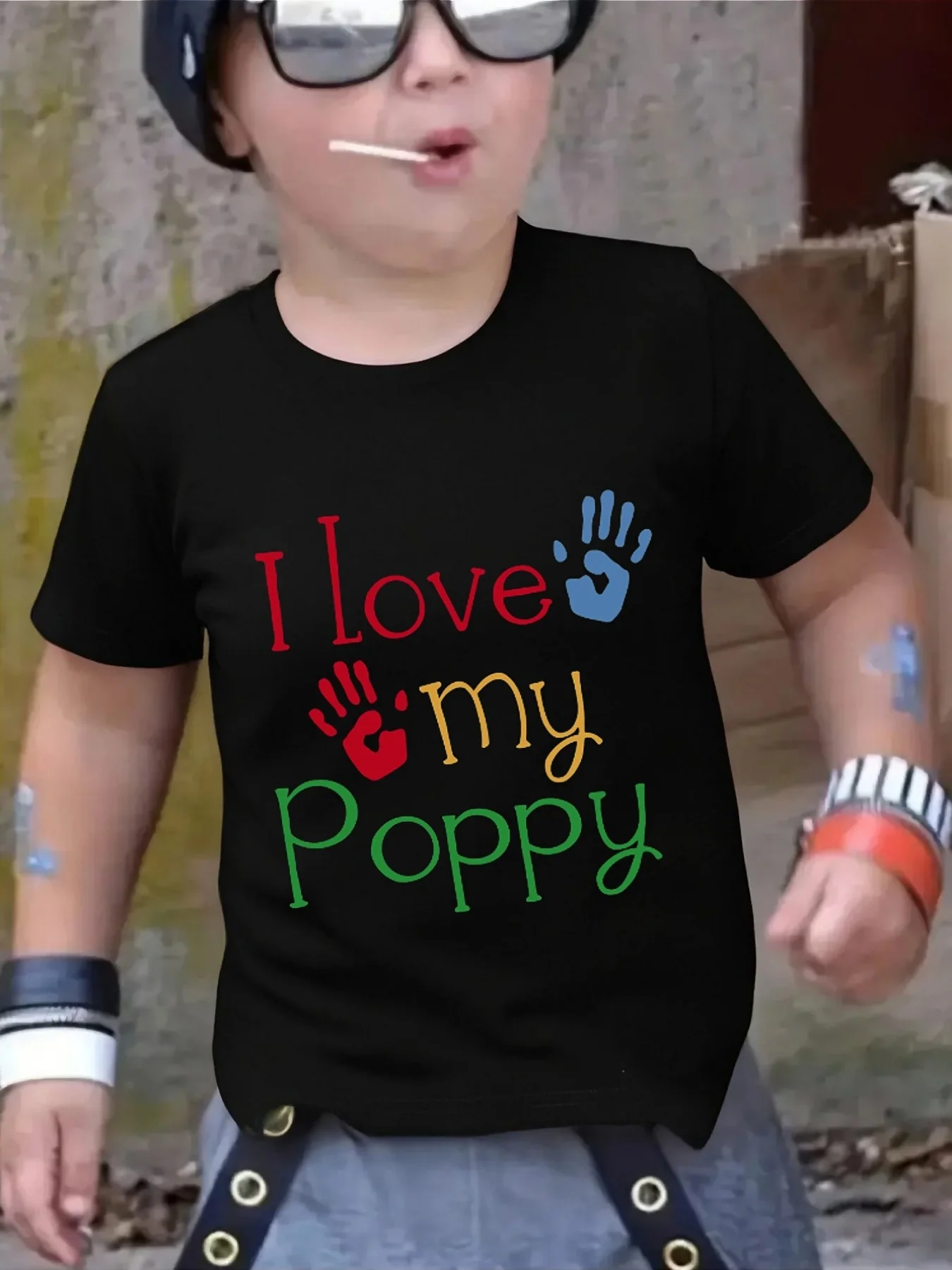I Love My Poppy Color Handprint Letter Print Family Matching Short Sleeve Tee Boys Girls Kids Cute Casual Summer Daily Tops