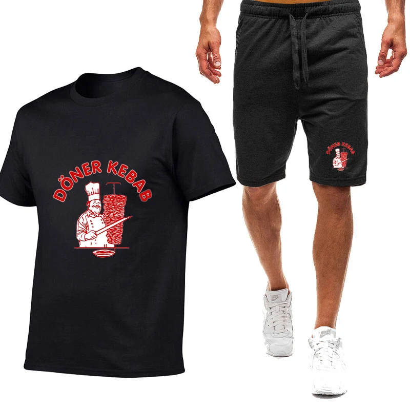

2026 Doner Kebab Print Summer Men's New Nine Color Short-sleeved Casual Fashion T-shirt Tops + Harajuku Shorts Suit