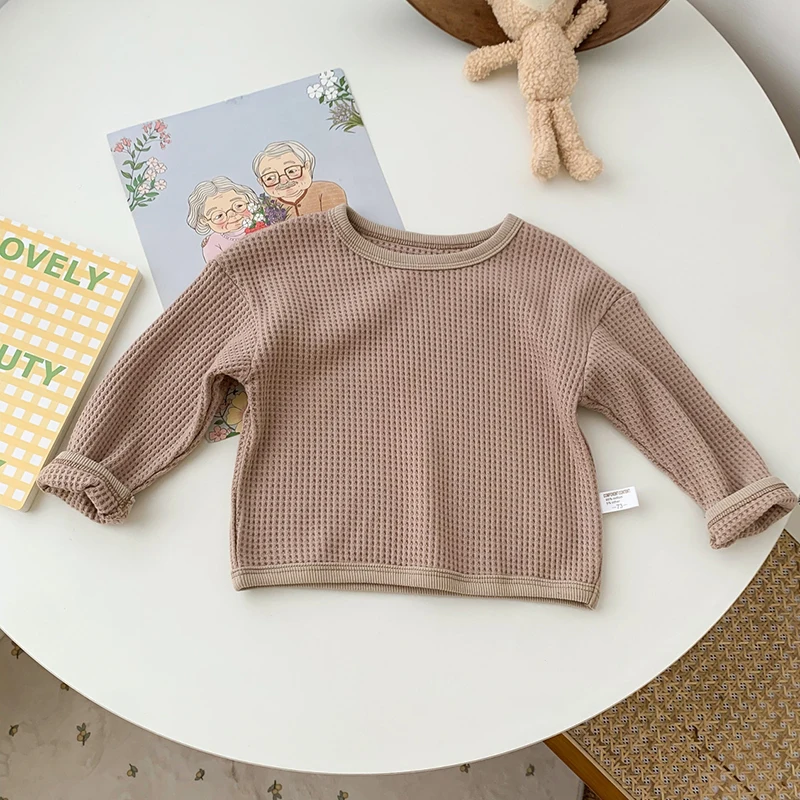 Korean Style Spring Autumn Toddler Baby Boys Girl T-shirt Waffle Cotton Solid Color Long Sleeve T-shirt Infant Baby Pullover Top