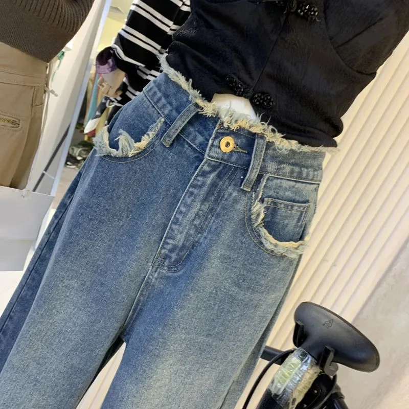 Dżinsy damskie Spodnie z szerokimi nogawkami Denim Washing High Waist Loose Fit Pockets Basics Full Length Pants Solid Color Slight Strech 2024