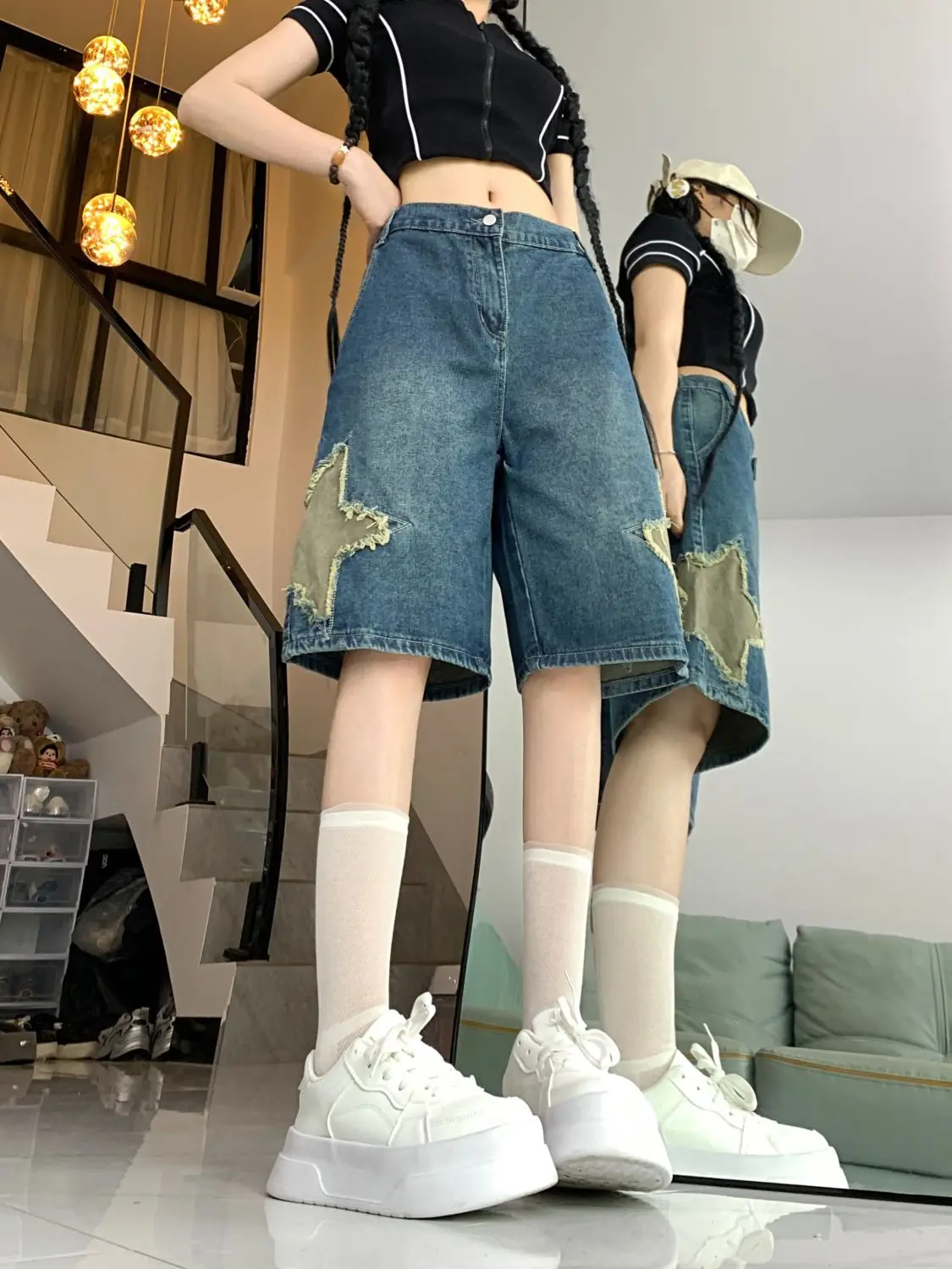 Pantaloncini di jeans ricamo Star Patch pantaloncini larghi Y2K Harajuku Retro Streetwear moda estiva pantaloni corti Casual blu