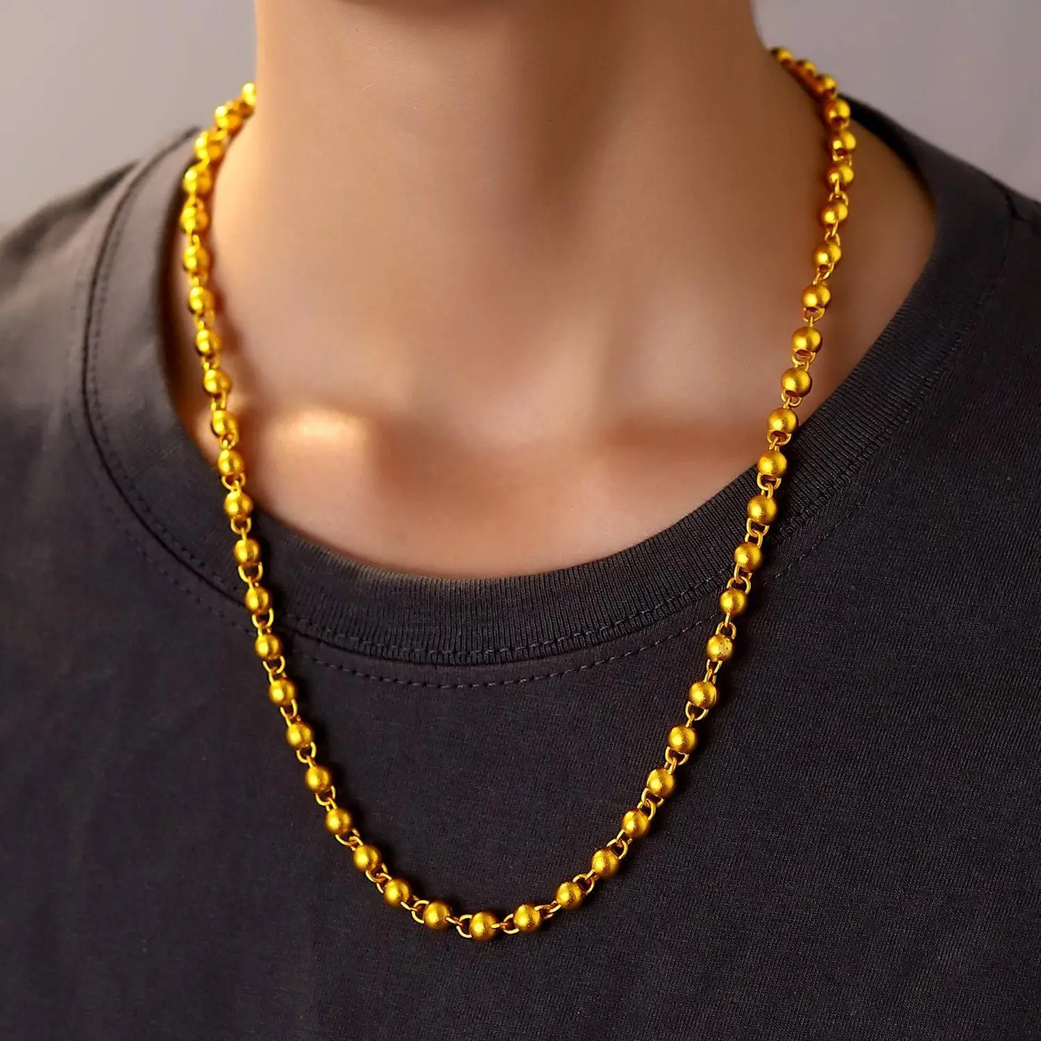 

9999 24K real gold ancient frosted round bead necklace men simple match 2025 new hip hop jewelry to boyfriend gift