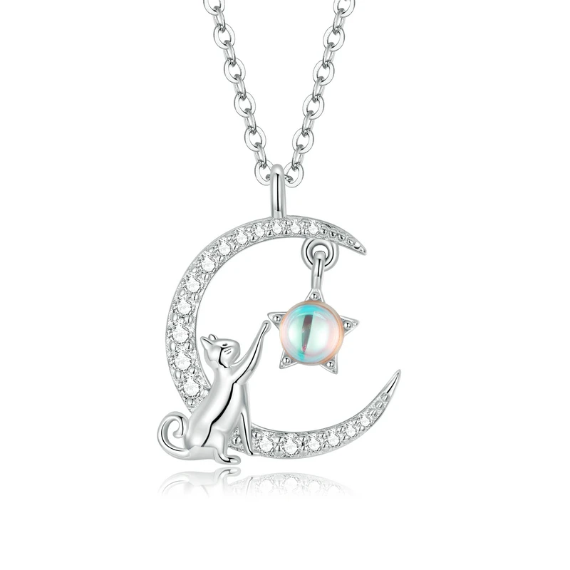 WOSTU Halsketten aus 925er-Sterlingsilber, niedliche Katzen- und Mond-Halsketten mit Kristallzirkon-Anhänger, verstellbare Halskette für Frauen, edler Schmuck, Geschenk