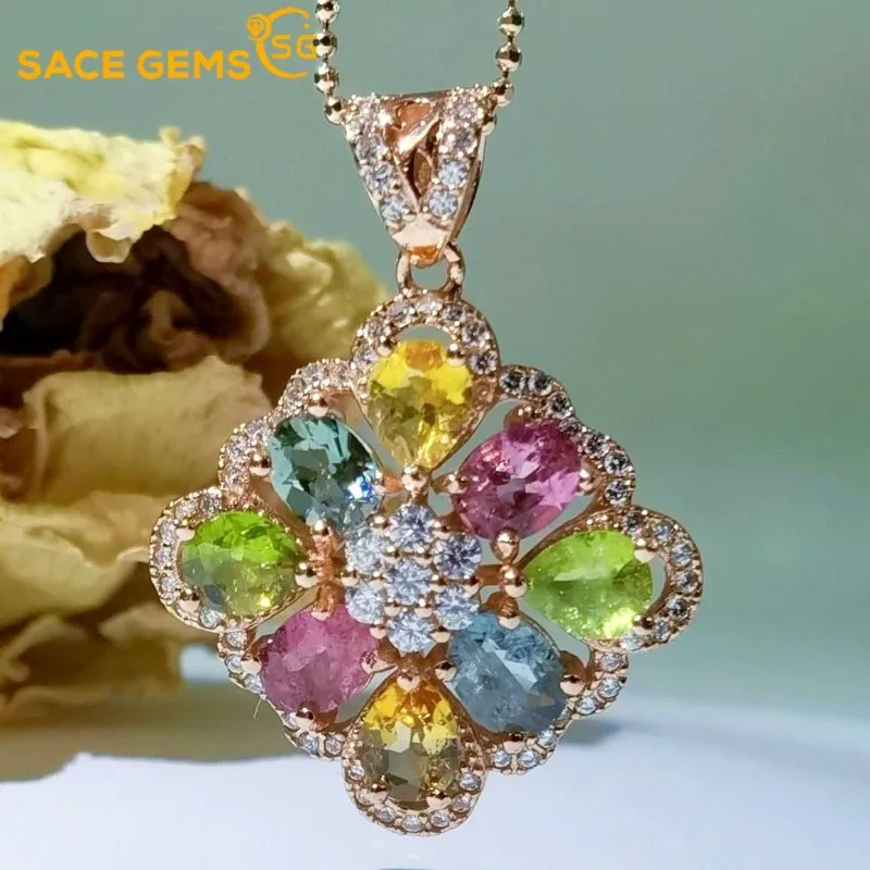 SACE GEMS New S925 Sterling Silver 4*5MM Natual Tourmaline Pendant Necklaces for Womne Engagement Cocktail Party Fine Jewelry