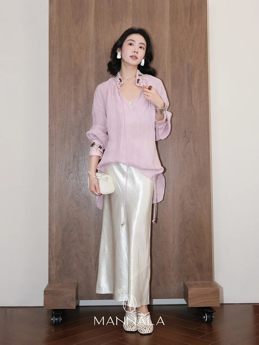 

Льняная рубашка Mannala Spring Day Harmony свободного кроя с маленьким воротником-стойкой, ручной вышивкой и бисером, повседневная, свободная, с длинными рукавами