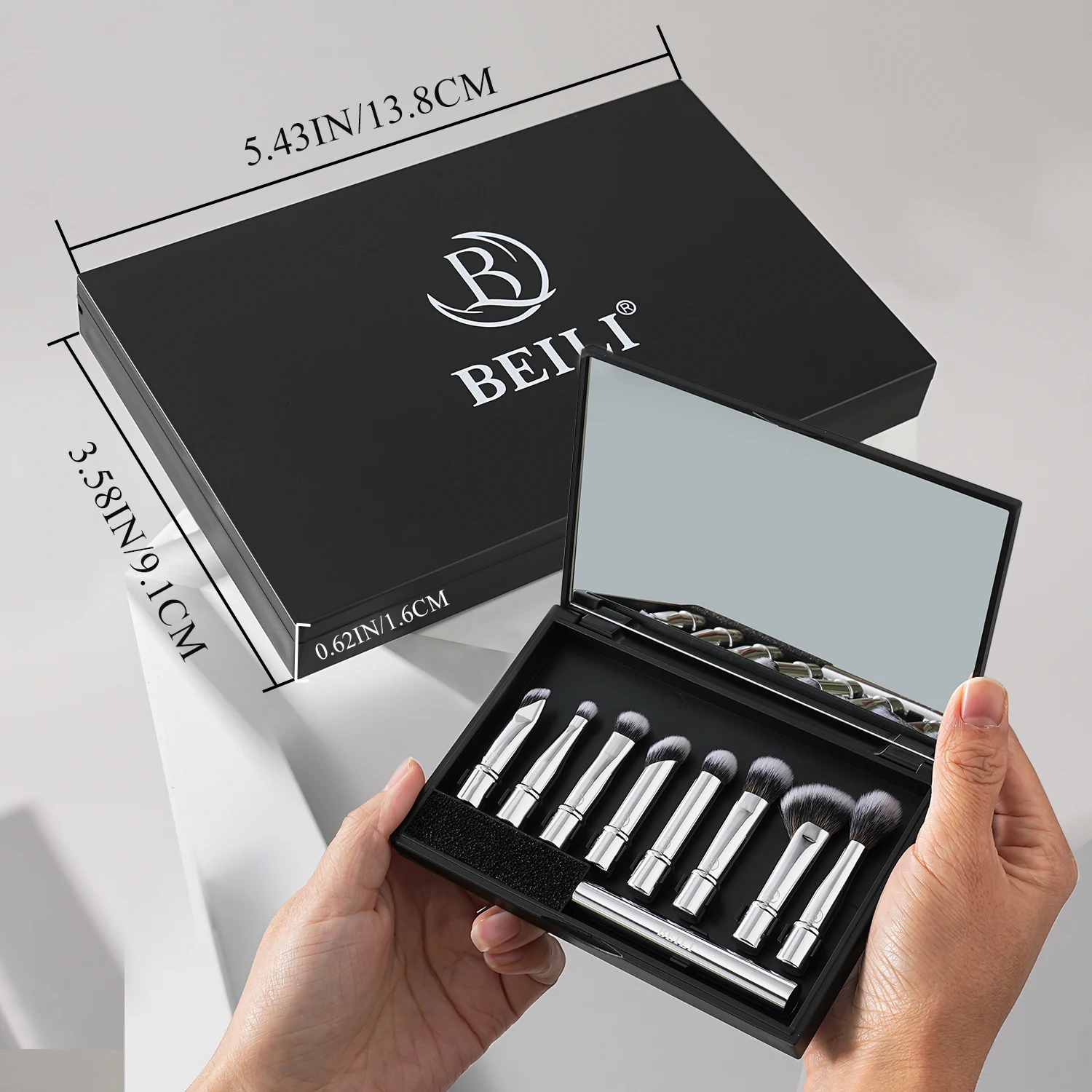 BEILI แบบพกพาชุดแปรงแต่งหน้าสําหรับ Professional Mini Mirror Dual 8 ชิ้นอายแชโดว์ Contour มุมแปรง Travel เครื่องสําอางค์เครื่องมือ