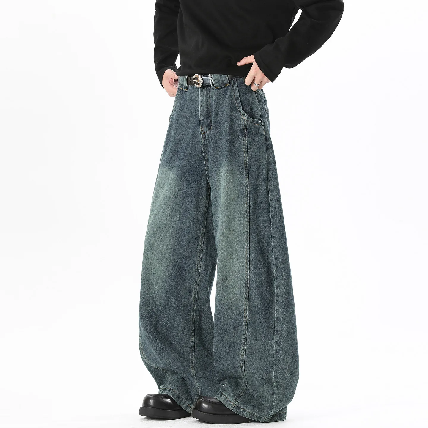 Retro Washed Curved Leg Jeans Baggy Wide Denim Pants Loose Barrel Trousers Fleece Lining Option Lightweight Casual Streetwear