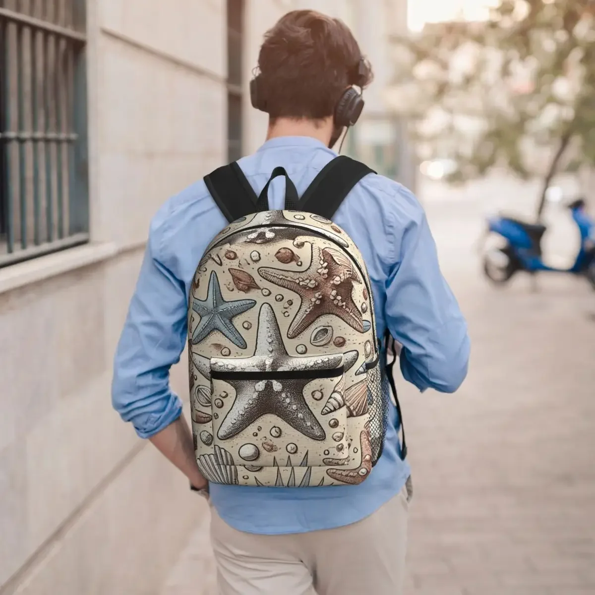 Beachthemed Starfish Shell Pattern Backpack Student BookBag Children School Bag Laptop Shoulder Bags for Men Women