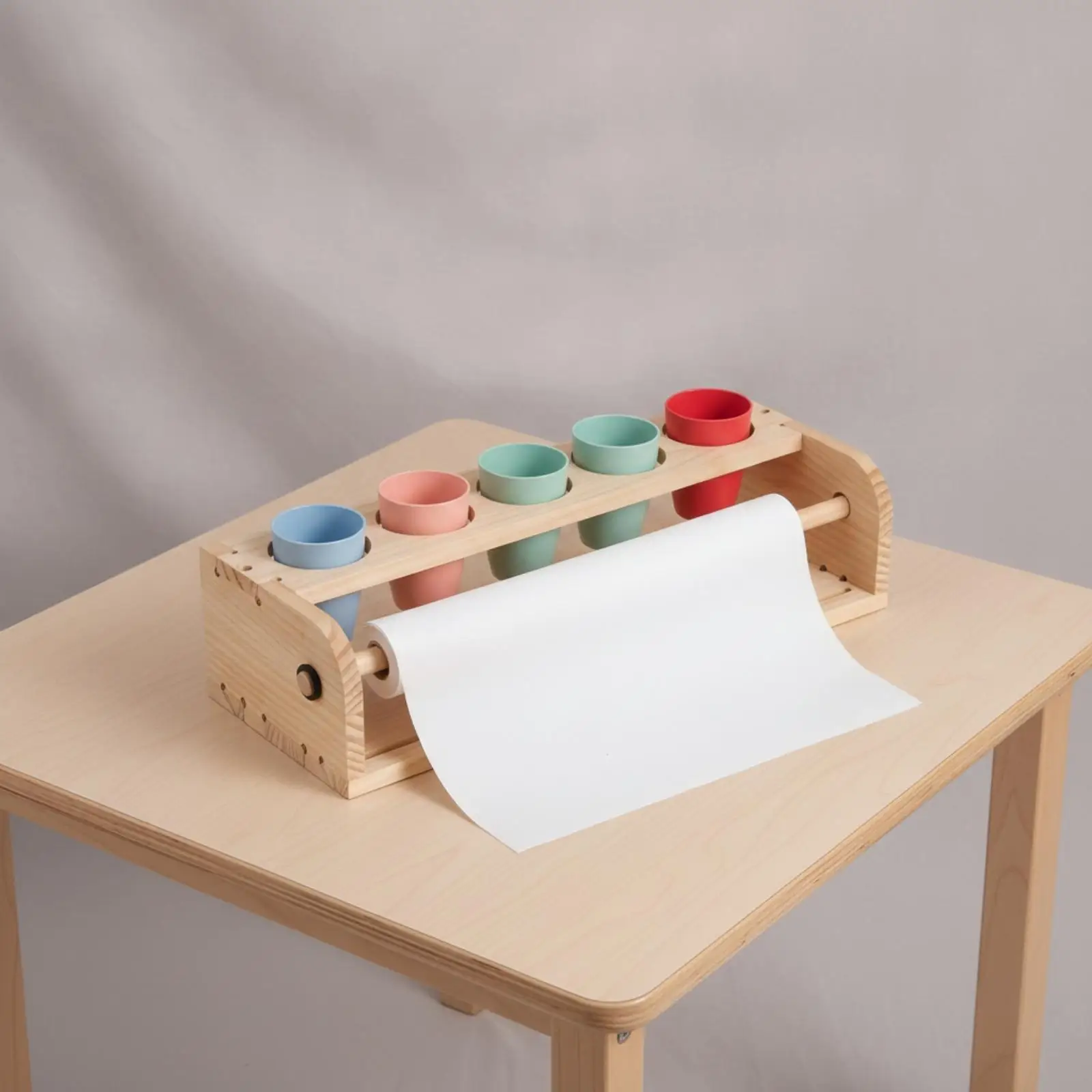 Kids Tabletop Drawing Easel Pine Wood Art Station with Paper Roll Tray and Paint Cups for Creative Painting Activities