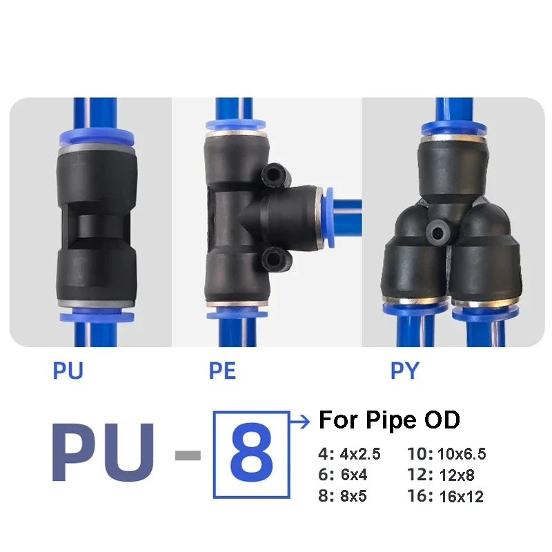 Raccordi per raccordi pneumatici connettore rapido tubo flessibile dell'acqua dell'aria connettori in plastica PU PY 4mm 6mm 8mm 10mm 12mm spingere nella spina