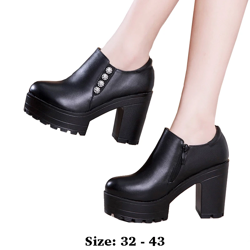 

high quality leather shoe for women 10cm high heel platform round toe 32 33 34 elegant office autumn winter shoe black white