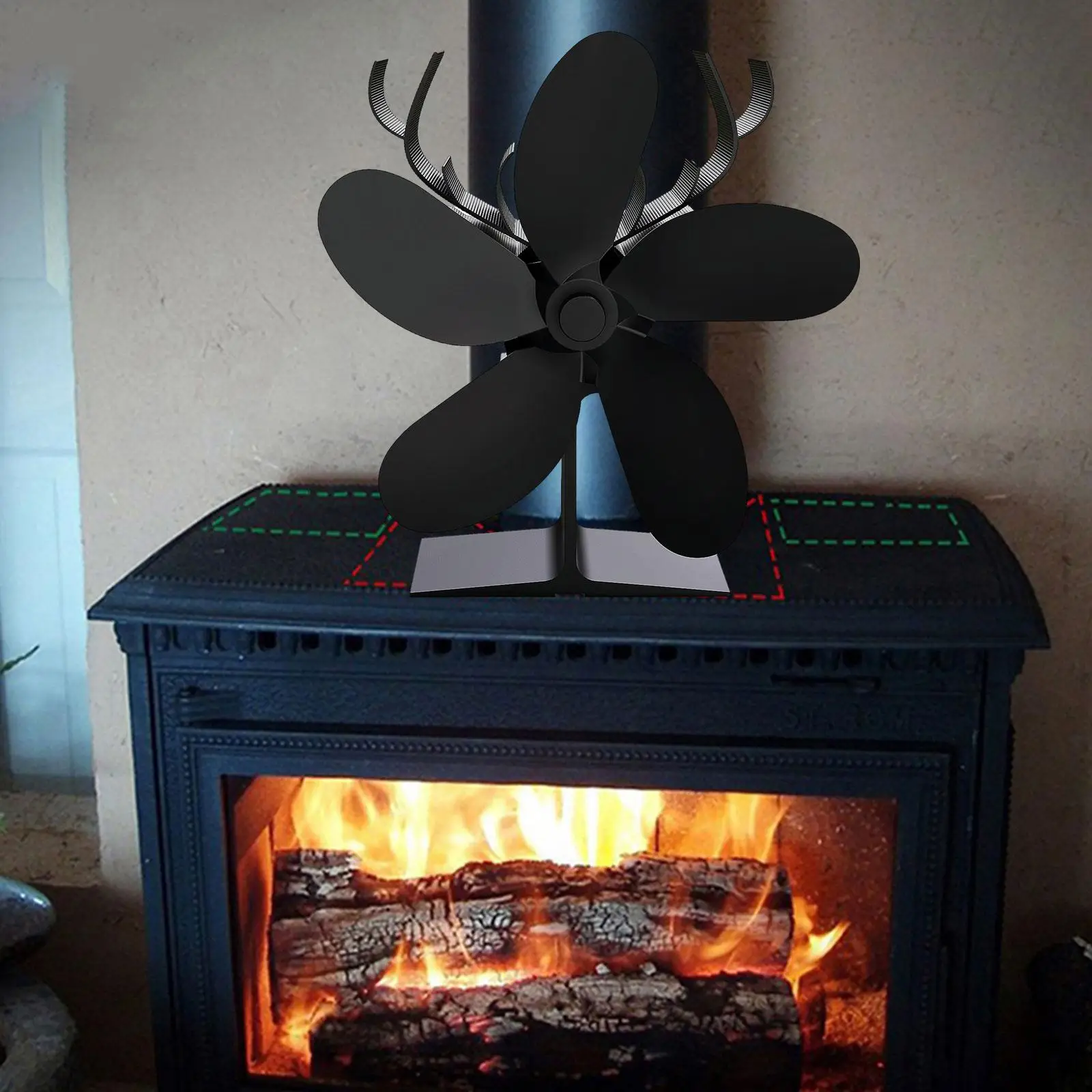 Xmas Wood Burning Stove Fan Fireplace Fan with Heat Powered Silent Running Efficient Multipurpose 18x9x18cm Black Color