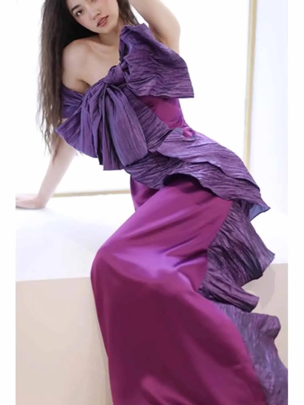 Elegant Purple Satin Evening Dress Women's Light Luxury Pleated Bow Sagging Fold One Shoulder Slip Dress Floor Length Vestido