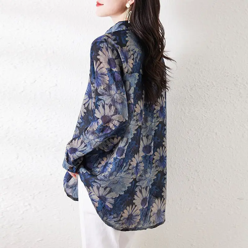 Long Sleeve Printed Cardigan Shirt 2025 Spring Autumn Fine Elegant Blouses Women Loose Ladies Tops and Blouse