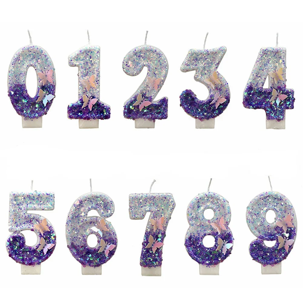 1Pcs Purple Glitter Butterfly Theme Candle 0-9 Number Cake Topper Wedding Decor Baby Shower Kid Birthday Party Decor