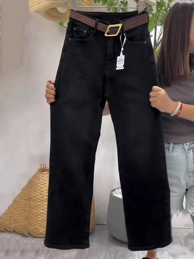 Bla Slim Straight Fce Gefütterte Denim-Jeans für Damen, Herbst und Winter, Thi-Hose mit weitem Bein, lässig, hohe Taille, Kettendetail