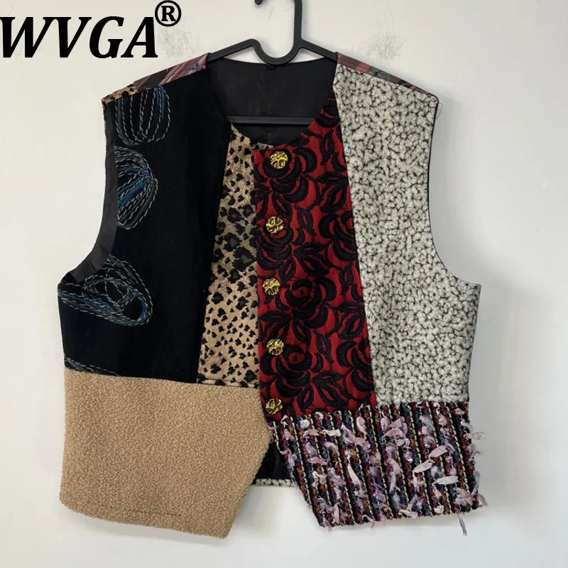 

WVGAautumn Winter New Men Tide Asymmetric Splicing Trendy Short Vest Niche Chic Casual Punk Collarless Waistcoats Ins Y2K W15759