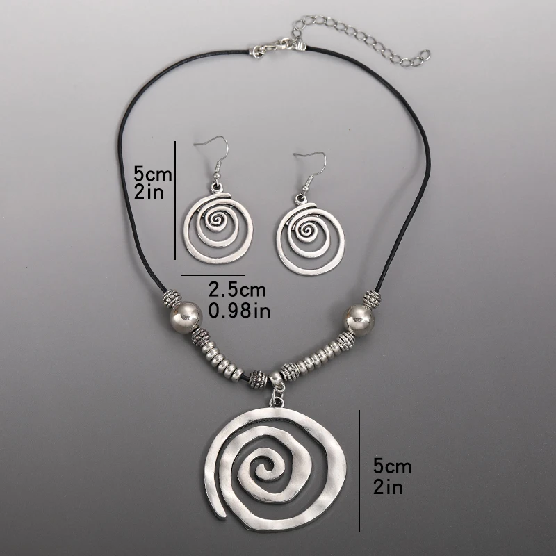 Vintage Bohemian Style Metal Spiral Pendant Necklace Earrings for Women Creative Two-piece Beach Vacation Jewelry Set