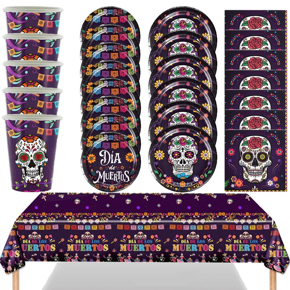 Day of the Dead Theme Birthday Decorations Party Disposable Tableware Paper Napkins Cups Plates Tablecloths Straw