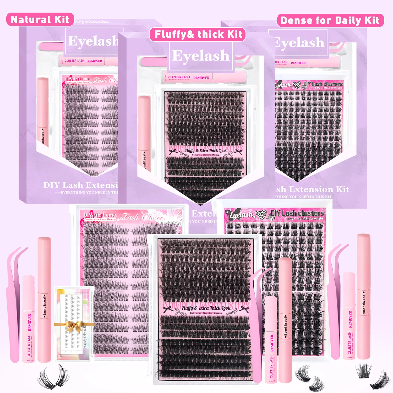 طقم وصلات الرموش الصناعية طقم رموش عنقودية فردية طبيعية يومية، رموش مانغا كثيفة، مجموعات رقيقة وسميكة لصديق المبتدئين