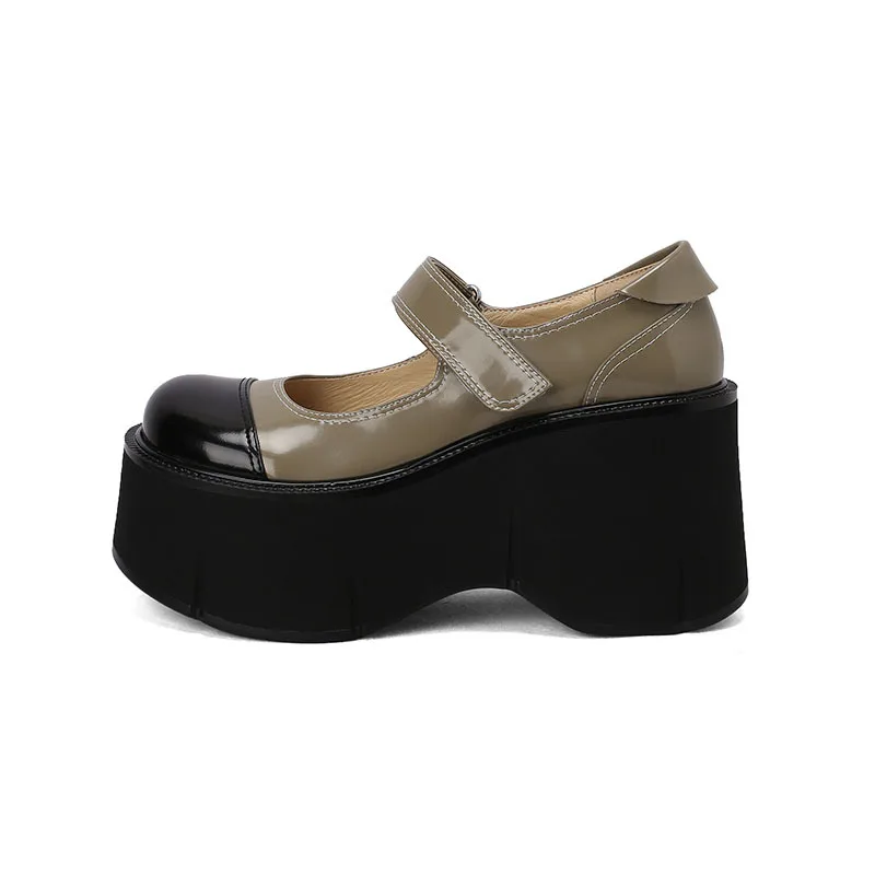 2025 primavera colores mezclados plataforma de piel de vaca zapatos Mary jane punta redonda cuñas con cordones bombas de gran tamaño