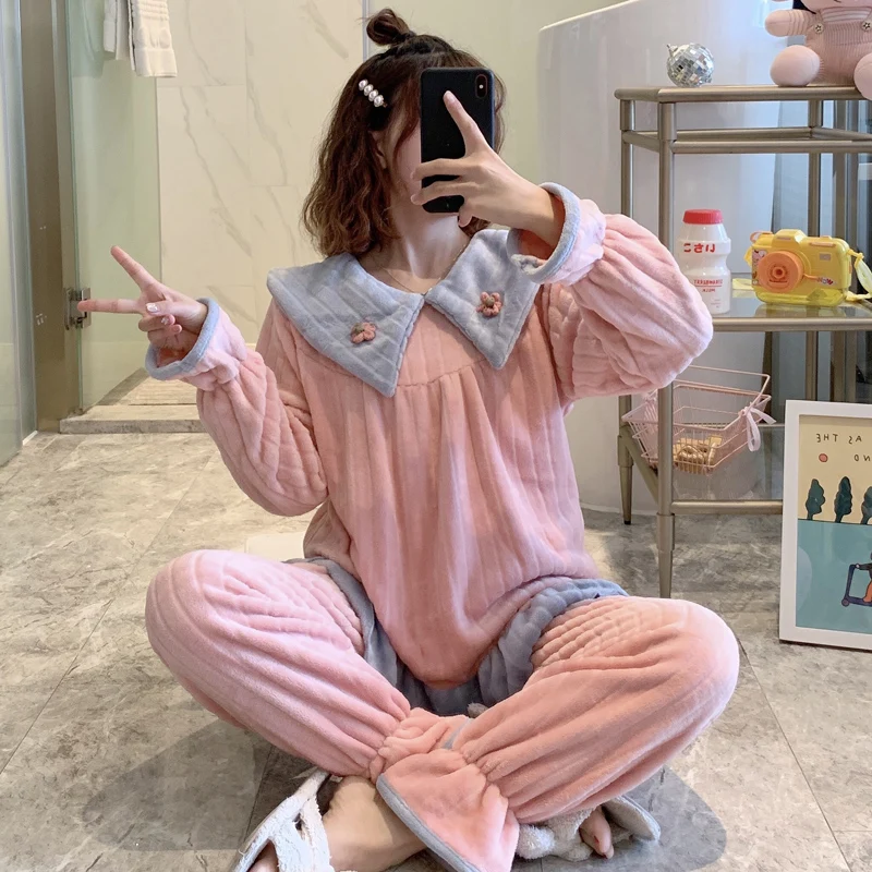 Autumn Sweet Princess Pajamas Set Women Cute Bunny Coral Fleece Warm Sleepwear Home Clothes Girls Kawaii Cartoon Pijama 2 Piece