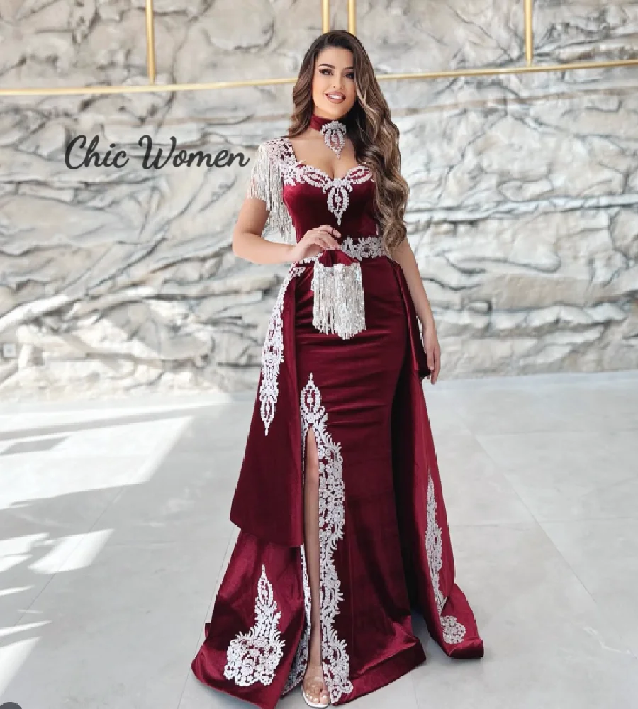 

Karakou Algerois Red Arabic Evening Dress With Lace High Slit Mermaid Prom Dress With Detachable Train Caftan MoroccanCustomized