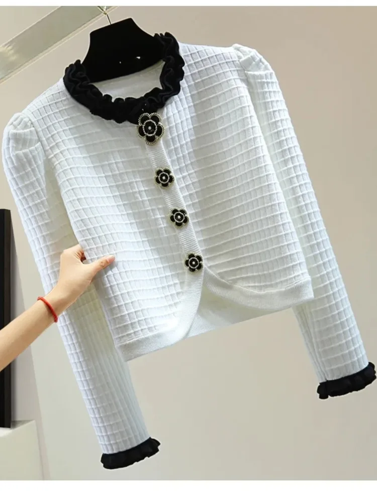 Cárdigan de punto con manga de burbuja para mujer, suéter con botones de flores, abrigos cortos de punto elegantes de Color contrastante, alta calidad, otoño