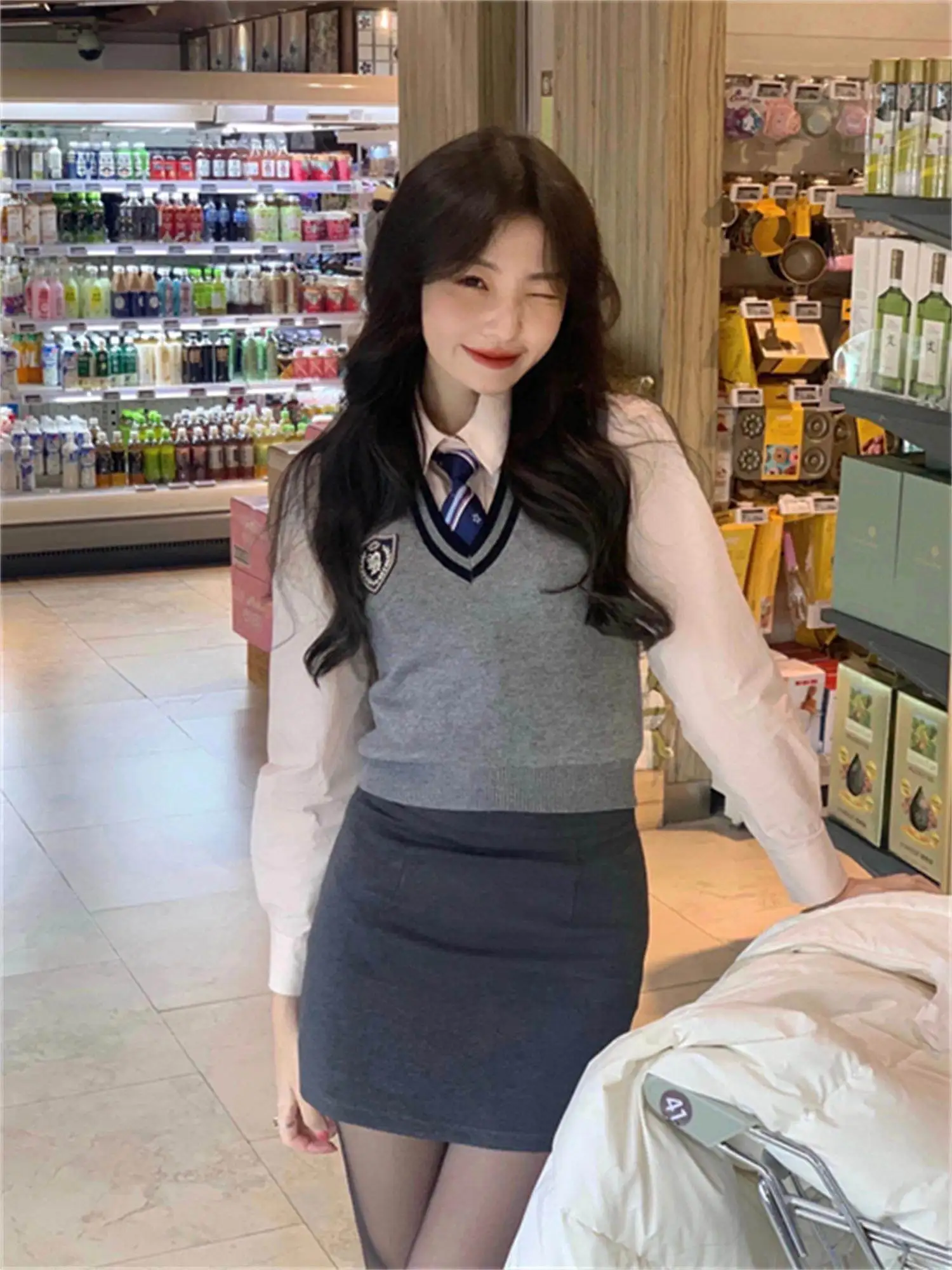 

Pastel Pink Knitted School orm Set with Vest And Skirt loween Theme Korean Sle Long Sve Polyester Spring C...