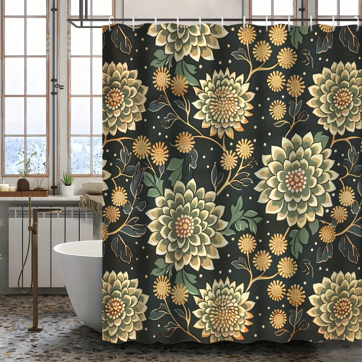 Golden Flower Shower Curtain Waterproof Fabric Bathroom Curtains Dark Green Floral Bath Screen Divider Home Decor