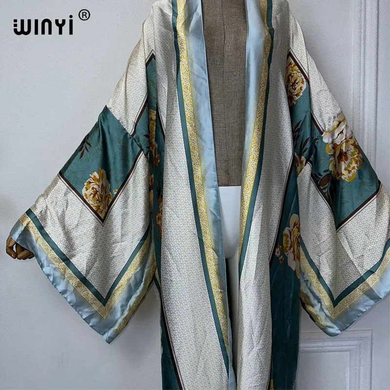 WINYI kimono estivo boho print beach wear donna costume da bagno elegante donna africana boho Cardigan sexy Holiday silk feeling dress