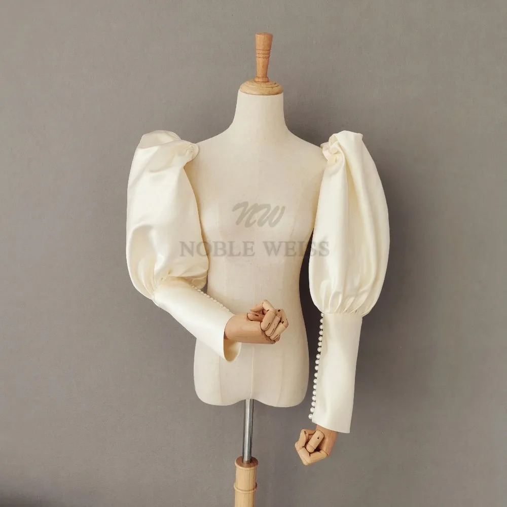 فستان زفاف Seperatel بأكمام طويلة من الساتان سترة زفاف بأكمام ذراع أنيقة لؤلؤية إخفاء الذراع أكمام كلاسيكية قابلة للفصل #4