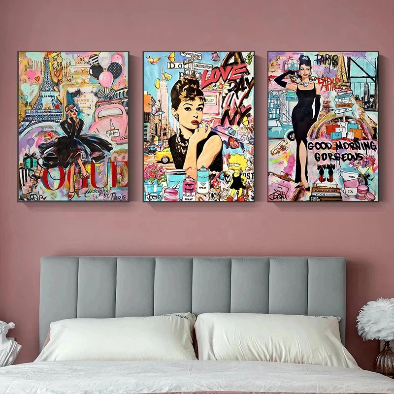 Movie Star Audrey Hepburn Under The Eiffel Tower in Paris Portrait Graffiti Canvas Posters Street Pop Art Mural Home Room Decor