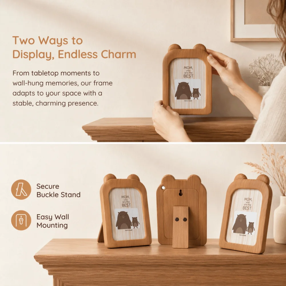 Plastic, Glass 7 Inch Animal Shaped Wood Grain Photo Frame Brown 7 in Dual-use Wall & Tabletop Picture Frame Photo Frame