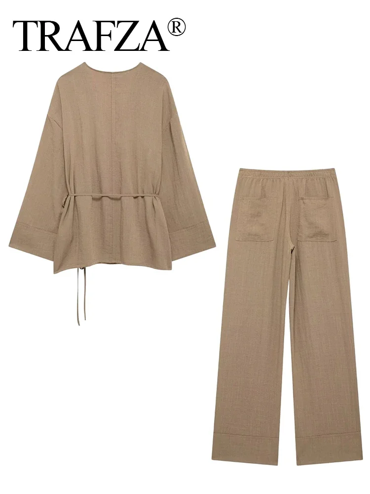TRAFZA 2024 Women Elegant Textured Pajama Style Pants Sets Fashion Solid Lace Up Kimono Shirt Top+Elastic Waist Wild Pant Outfit