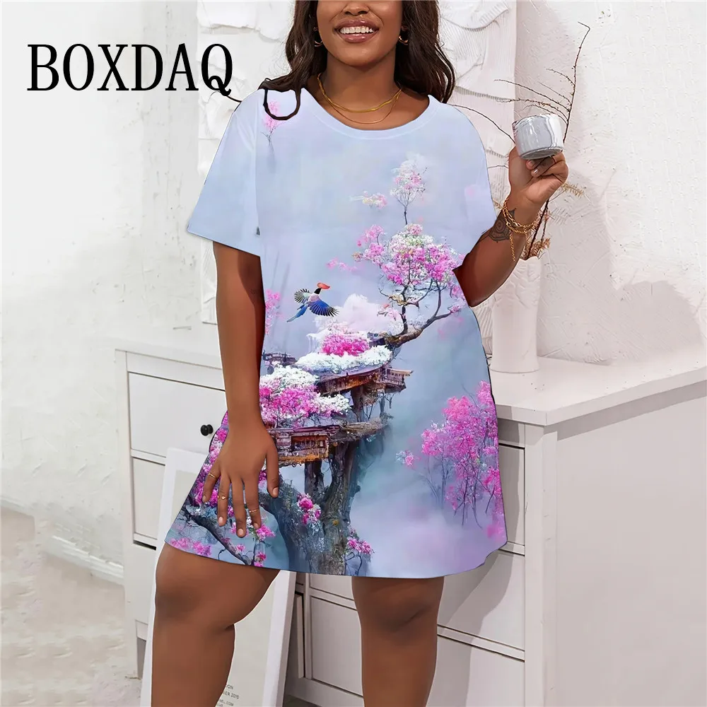 Summer Woman Clothing Dresses Classy Colour Clash Short Sleeve Mini Dress 3d Flowers Print Loose Clothing Plus Size Sundress New