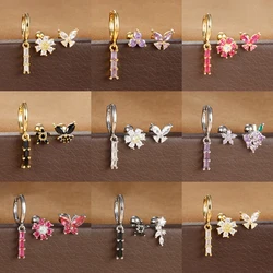 3pcs Flower Butterfly Hoop Earrings Sets for Women Stainless Steel Colorful Zircon Earring Aesthetic Jewelry aretes de mujer