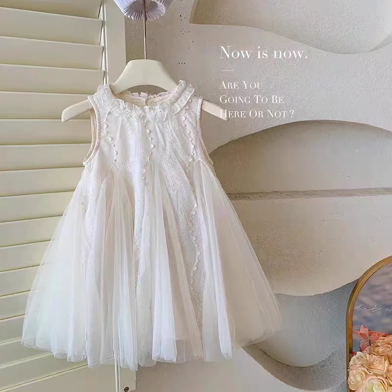 Summer Baby Girl Princess Dress Exquisite embroidery Sleeveless Gauze Dress Girl Wedding Party Costume White Colors 2-8 Years
