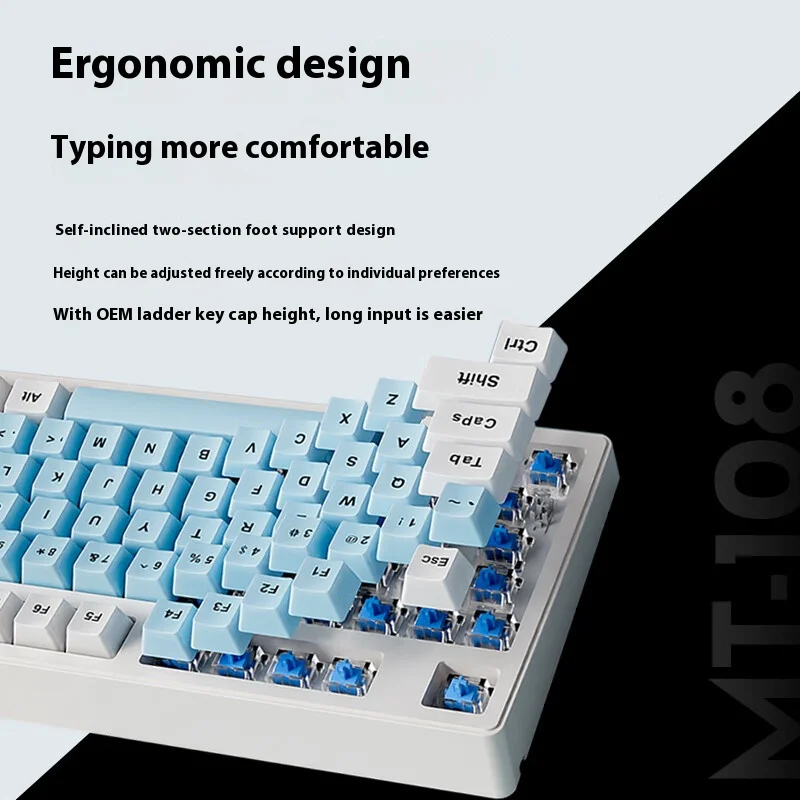 EWEADN MT87 Teclado mecánico inalámbrico ratón Combo interruptor azul tri-modo retroiluminación blanca 87 teclas azul blanco Keycap para oficina