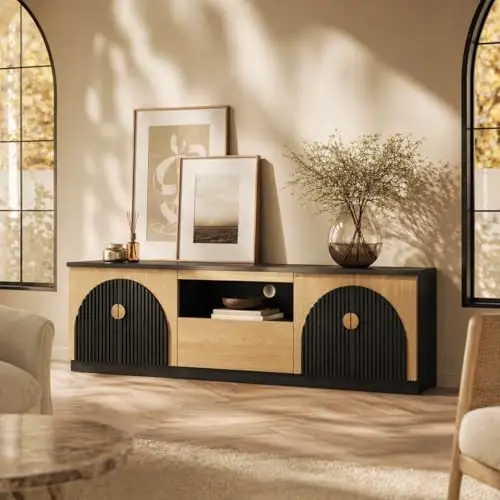 71 Inch Fluted TV Stand for 65/70/75/80 Inch TVs, Mid Century Modern Entertainment Center with Storage, Two-Tone Wood