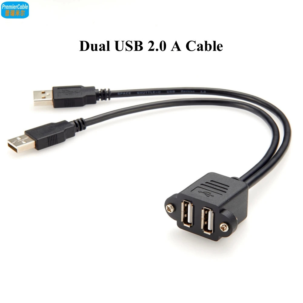 Dual USB 2.0 A Male to Female Extension Cable Combined USB Type A Screw Panel Mount Flange Chassis Feedthrough Convertor Cable