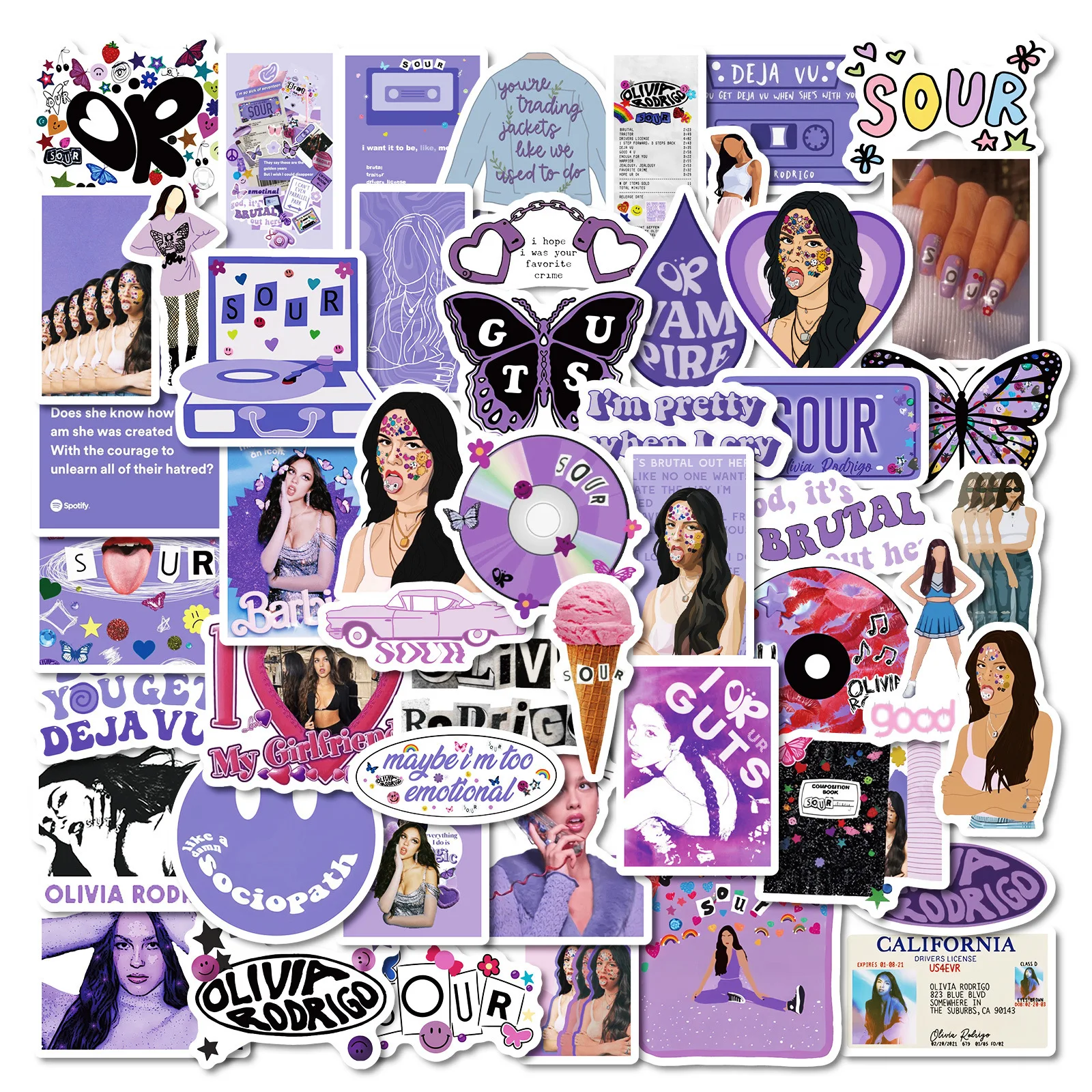 50Pcs Purple Series Decoration Stickers Smiley Face Vinyl Record Ice Cream Nail Art Waterproof Decals DIY Craft Sticker Pack