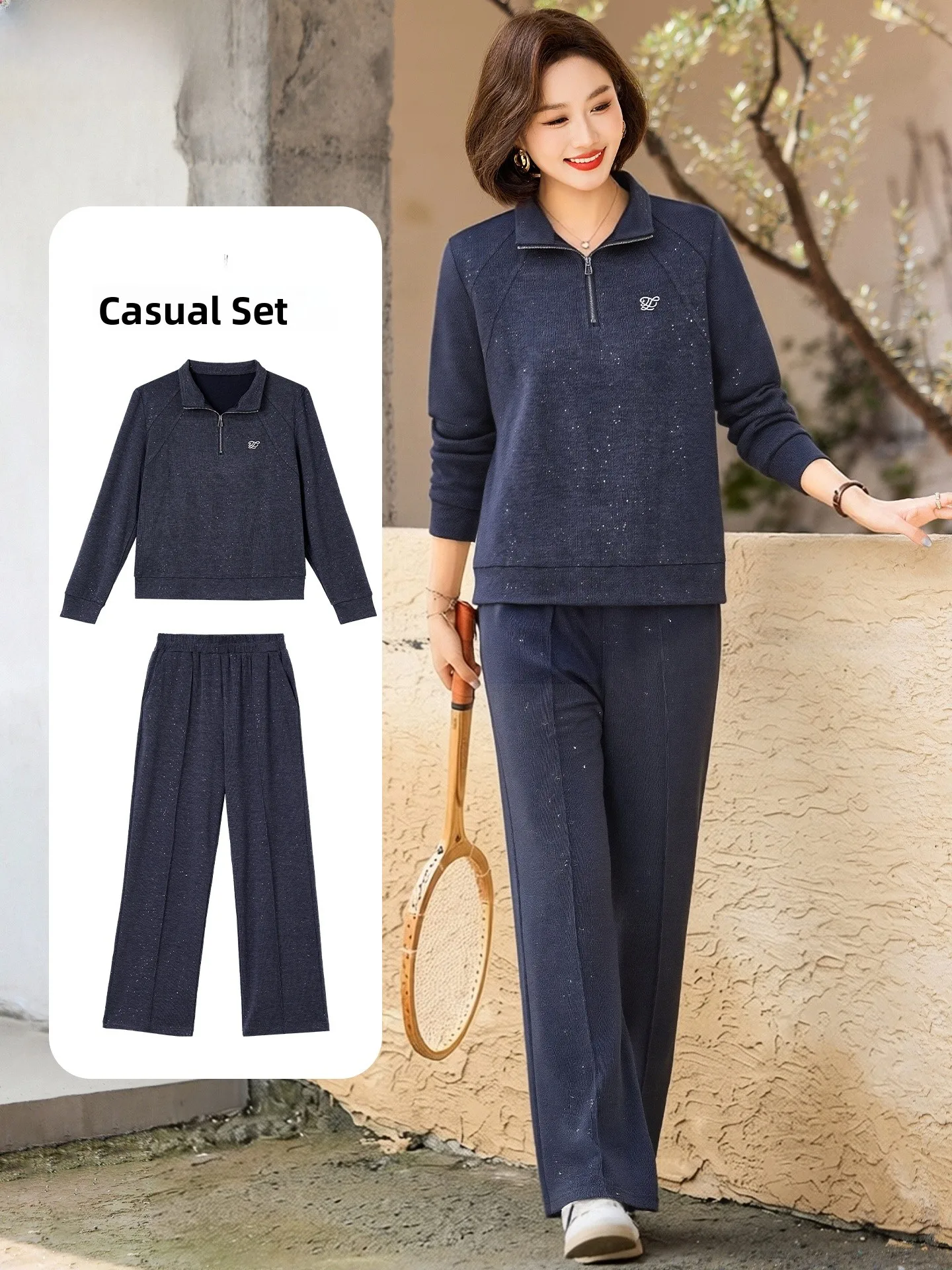 

Casual Long Sve Sweatirt Set for Middle-Aged Women Spring Sports Wear Thiened Polyester V-Ne Zipper Loose Fit Two-Piece