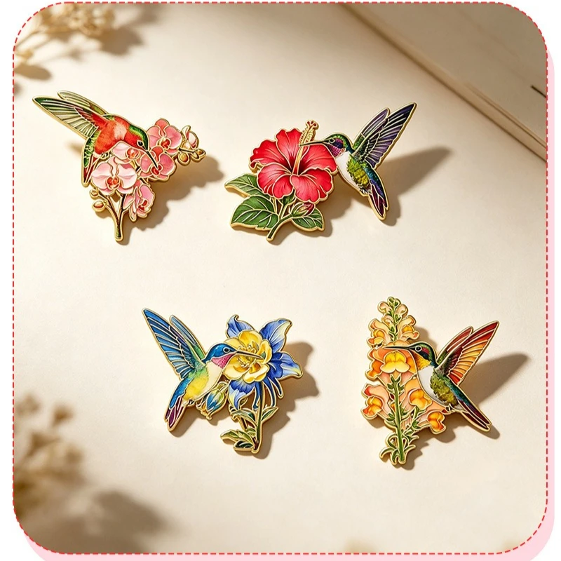 Hummingbird Floral Brooch Vintage Bird Flower Metal Badges Pins DIY Clothing Bags Hat Scarf T-shirt