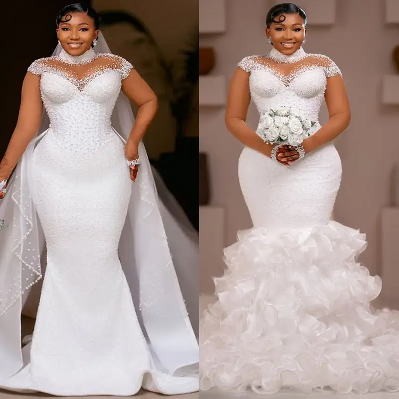 Customized Plus Size Ivory Wedding Dress Bridal Gowns Bride Detachable High Bead Pearls Rhinestones Ruffles