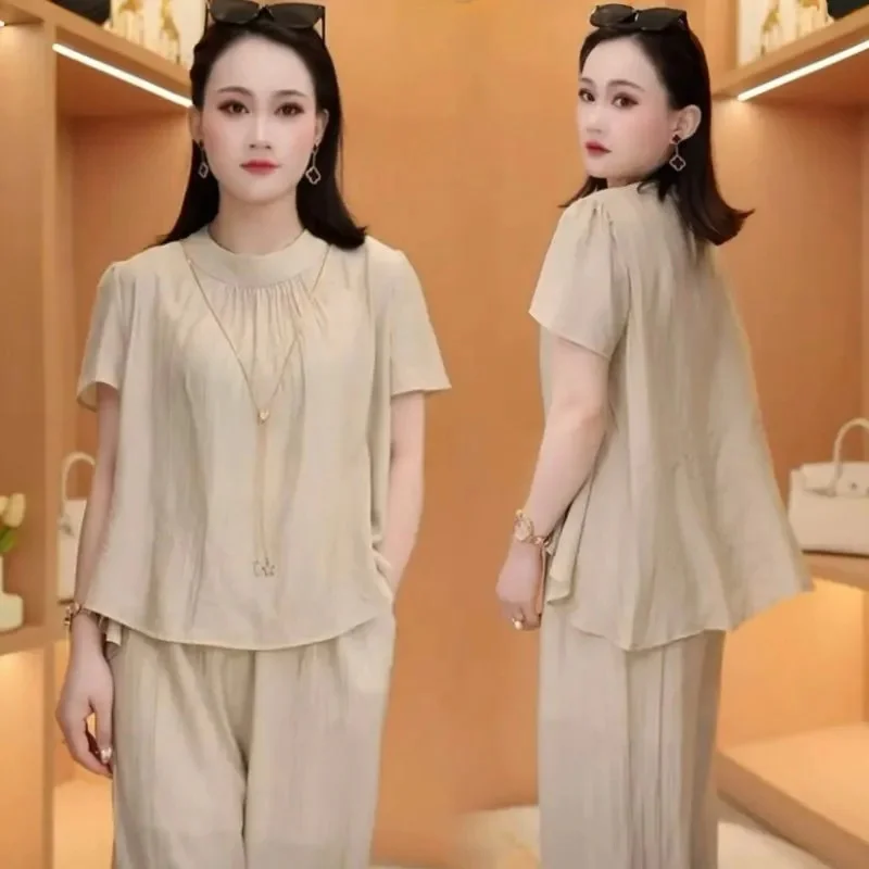 Fashion Ice Silk Wrinkle Short sleeved Set for Women\'s Summer New Skin Covering and Slimming Top Wide Leg Pants Two piece Set