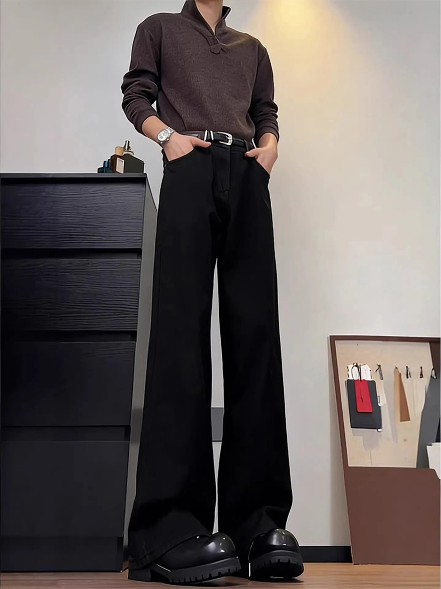 Black Thickened Fleece Lined Men's Jeans Leaf Blade Design Slimming Straight Leg Jeans American High Street Style Casual Jeans