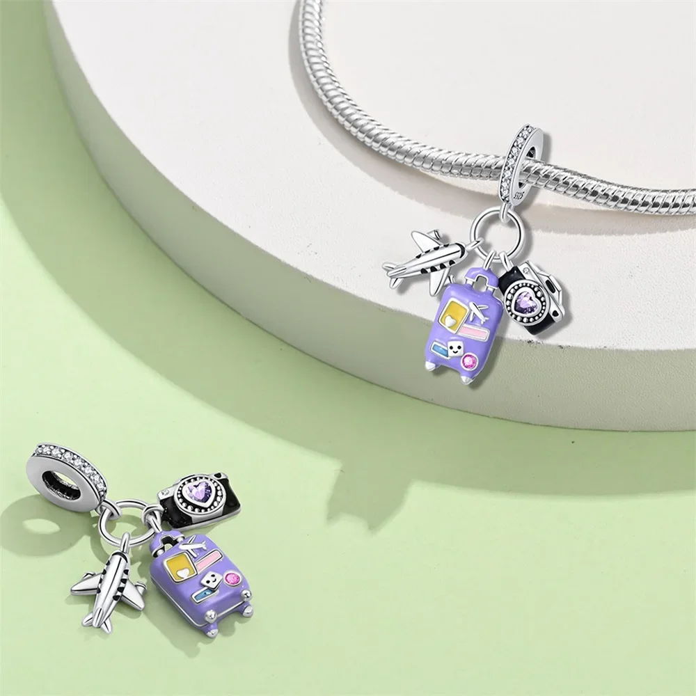 Charms Original 925er Silber vergoldet Lila Reiseetui Anhänger Flugzeug Perlen für Armband Diy Feines Geschenk Frauen Zarter Schmuck