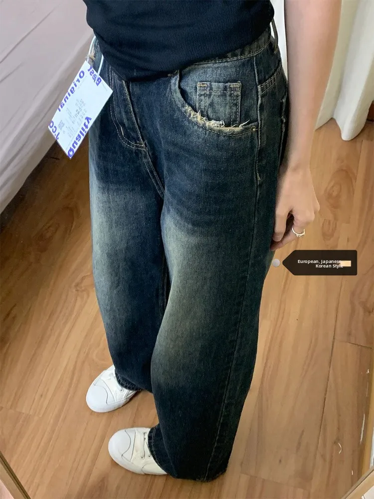 

High Waist Wide Leg Retro Straight Jeans Women's Summer New Loose Fit Washed out Trousers Blue Denim Spring Collection