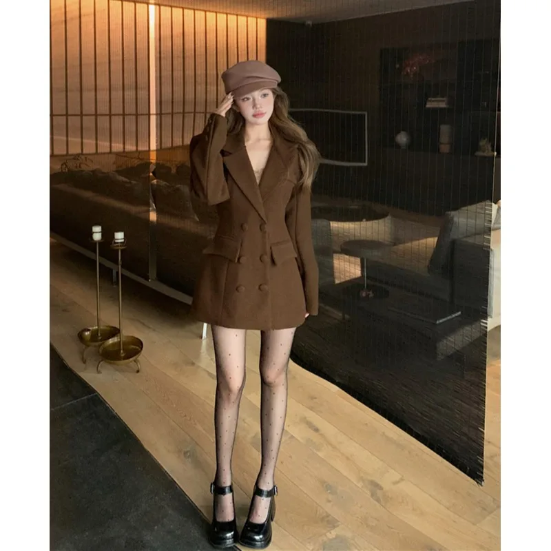 Capispalla da donna autunno inverno giacca in lana con cintura retrò alla moda giacca blazer in lana